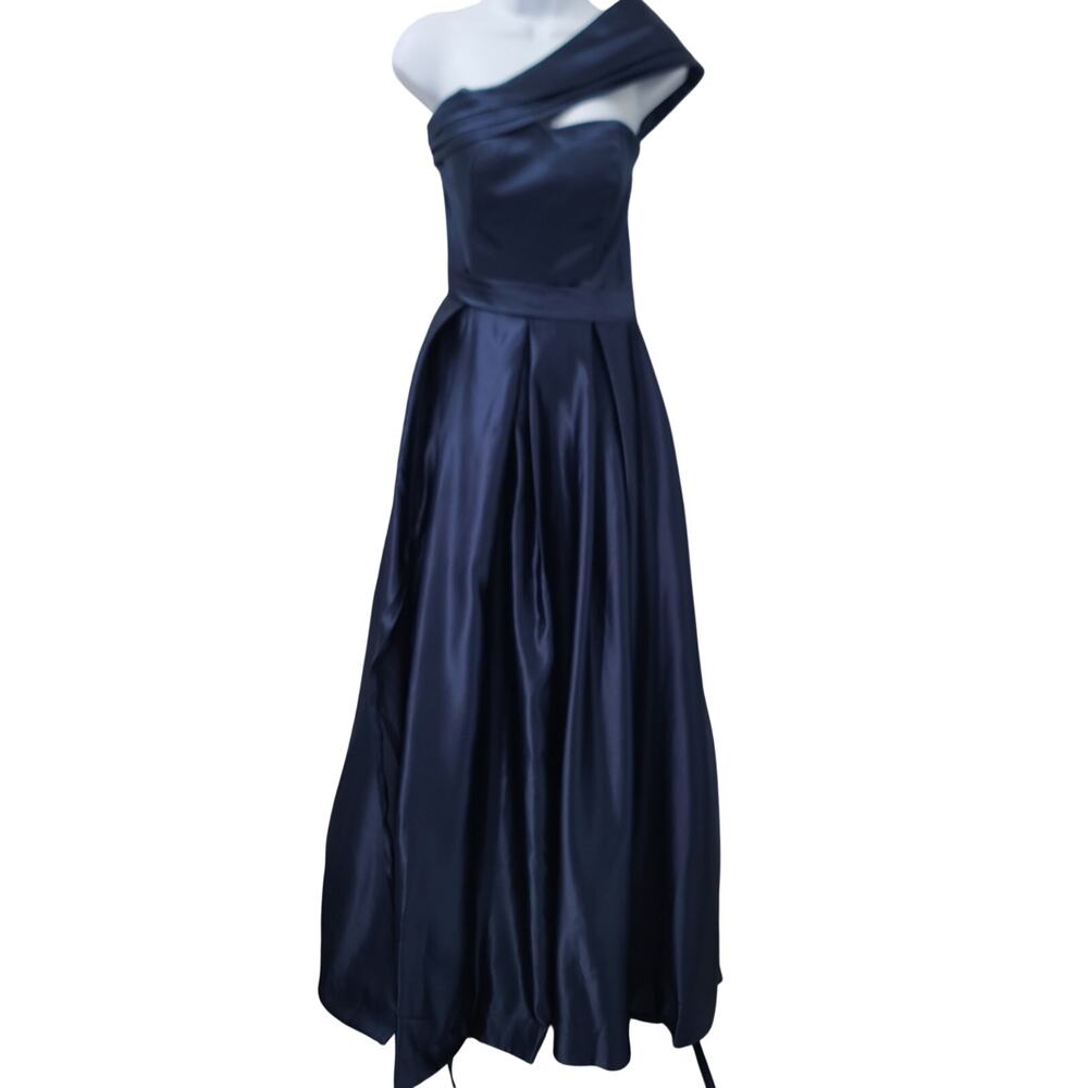 Elegant Satin One shoulder Pleated navy blue Maxi dress Size 8 Wedding Prom - Picture 2 of 13